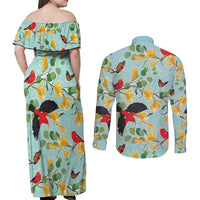 Aloha Hawaii Couples Matching Off Shoulder Maxi Dress and Long Sleeve Button Shirt I'iwi on Mamane Pastel Turquoise