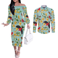 Aloha Hawaii Couples Matching Off The Shoulder Long Sleeve Dress and Long Sleeve Button Shirt I'iwi on Mamane Pastel Turquoise LT7 Turquoise - Polynesian Pride