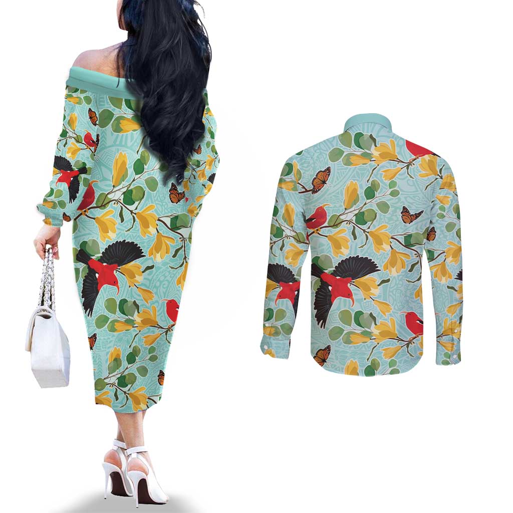Aloha Hawaii Couples Matching Off The Shoulder Long Sleeve Dress and Long Sleeve Button Shirt I'iwi on Mamane Pastel Turquoise LT7 - Polynesian Pride