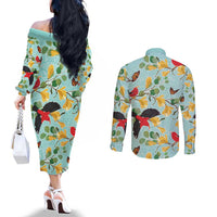Aloha Hawaii Couples Matching Off The Shoulder Long Sleeve Dress and Long Sleeve Button Shirt I'iwi on Mamane Pastel Turquoise LT7 - Polynesian Pride