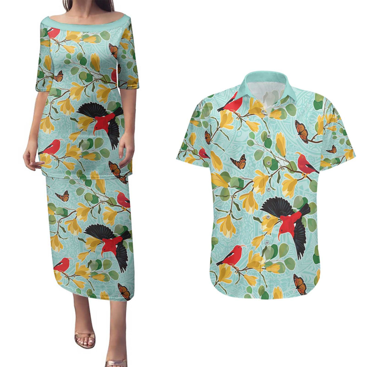 Aloha Hawaii Couples Matching Puletasi and Hawaiian Shirt I'iwi on Mamane Pastel Turquoise LT7 Turquoise - Polynesian Pride