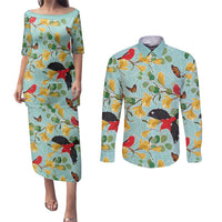 Aloha Hawaii Couples Matching Puletasi and Long Sleeve Button Shirt I'iwi on Mamane Pastel Turquoise LT7 Turquoise - Polynesian Pride