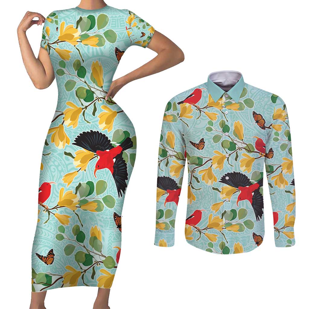 Aloha Hawaii Couples Matching Short Sleeve Bodycon Dress and Long Sleeve Button Shirt I'iwi on Mamane Pastel Turquoise LT7 Turquoise - Polynesian Pride