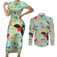 Aloha Hawaii Couples Matching Short Sleeve Bodycon Dress and Long Sleeve Button Shirt I'iwi on Mamane Pastel Turquoise LT7 Turquoise - Polynesian Pride