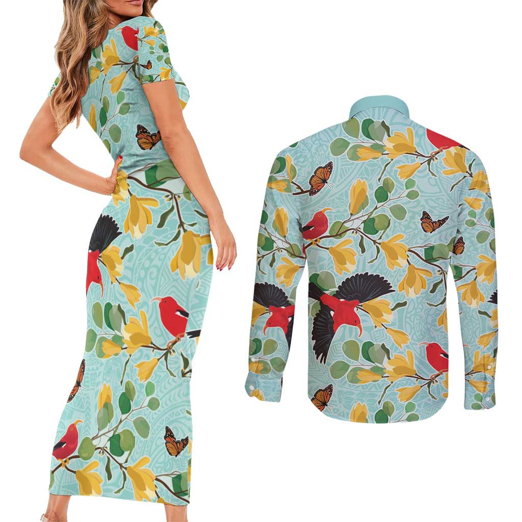 Aloha Hawaii Couples Matching Short Sleeve Bodycon Dress and Long Sleeve Button Shirt I'iwi on Mamane Pastel Turquoise LT7 - Polynesian Pride