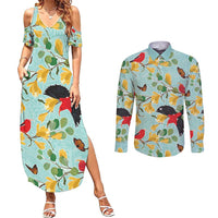 Aloha Hawaii Couples Matching Summer Maxi Dress and Long Sleeve Button Shirt I'iwi on Mamane Pastel Turquoise LT7 Turquoise - Polynesian Pride