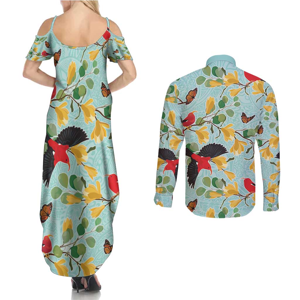 Aloha Hawaii Couples Matching Summer Maxi Dress and Long Sleeve Button Shirt I'iwi on Mamane Pastel Turquoise LT7 - Polynesian Pride