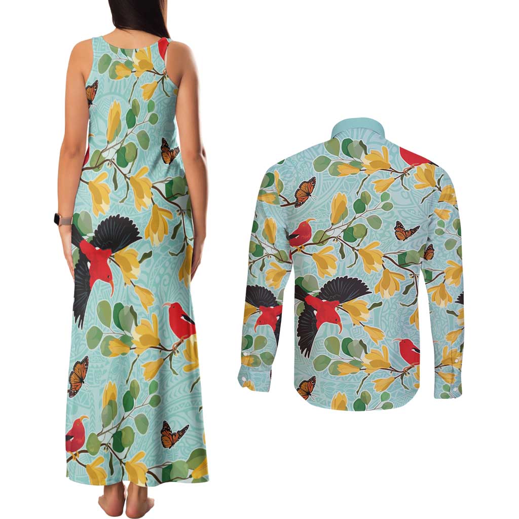 Aloha Hawaii Couples Matching Tank Maxi Dress and Long Sleeve Button Shirt I'iwi on Mamane Pastel Turquoise LT7 - Polynesian Pride