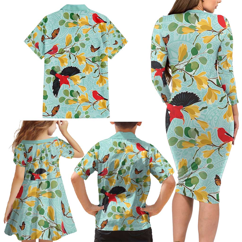 Aloha Hawaii Family Matching Long Sleeve Bodycon Dress and Hawaiian Shirt I'iwi on Mamane Pastel Turquoise
