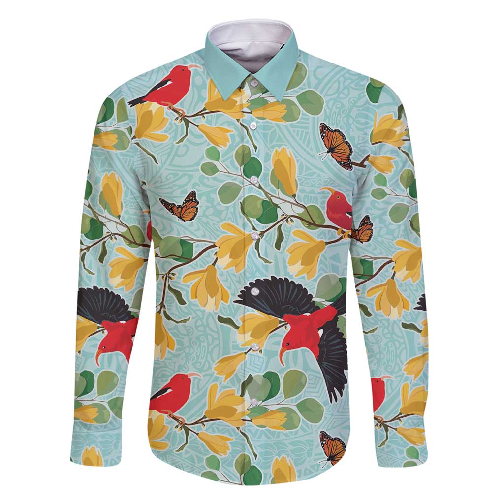 Aloha Hawaii Family Matching Mermaid Dress and Hawaiian Shirt I'iwi on Mamane Pastel Turquoise LT7 Dad's Shirt - Long Sleeve Turquoise - Polynesian Pride