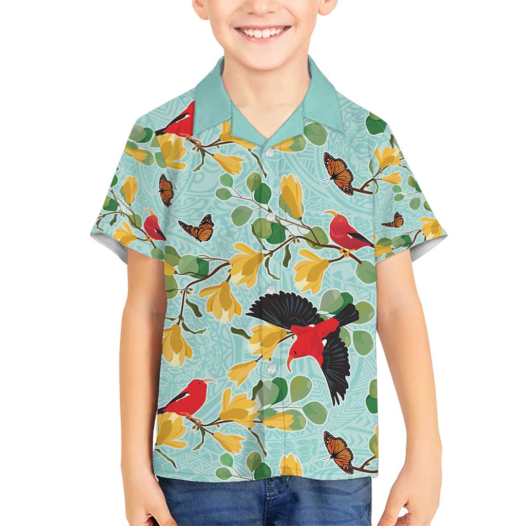 Aloha Hawaii Family Matching Off Shoulder Short Dress and Hawaiian Shirt I'iwi on Mamane Pastel Turquoise LT7 Son's Shirt Turquoise - Polynesian Pride