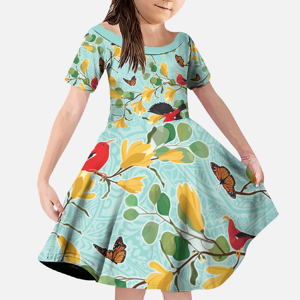Aloha Hawaii Family Matching Summer Maxi Dress and Hawaiian Shirt I'iwi on Mamane Pastel Turquoise LT7 Daughter's Dress Turquoise - Polynesian Pride