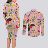 Aloha Hawaii Couples Matching Long Sleeve Bodycon Dress and Long Sleeve Button Shirt I'iwi on Mamane Pastel Pink