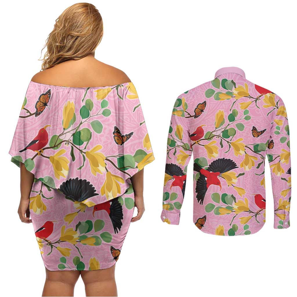 Aloha Hawaii Couples Matching Off Shoulder Short Dress and Long Sleeve Button Shirt I'iwi on Mamane Pastel Pink