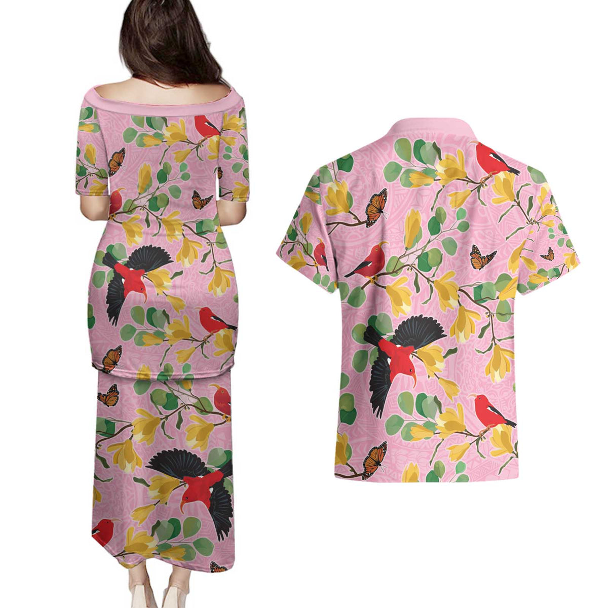 Aloha Hawaii Couples Matching Puletasi and Hawaiian Shirt I'iwi on Mamane Pastel Pink LT7 - Polynesian Pride