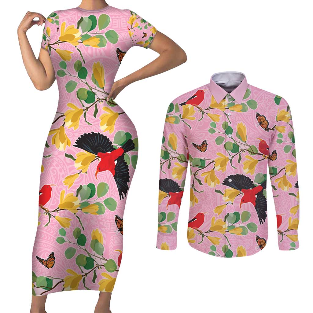 Aloha Hawaii Couples Matching Short Sleeve Bodycon Dress and Long Sleeve Button Shirt I'iwi on Mamane Pastel Pink LT7 Pink - Polynesian Pride