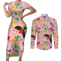 Aloha Hawaii Couples Matching Short Sleeve Bodycon Dress and Long Sleeve Button Shirt I'iwi on Mamane Pastel Pink LT7 Pink - Polynesian Pride