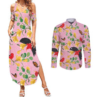 Aloha Hawaii Couples Matching Summer Maxi Dress and Long Sleeve Button Shirt I'iwi on Mamane Pastel Pink LT7 Pink - Polynesian Pride