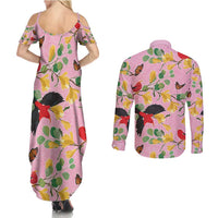 Aloha Hawaii Couples Matching Summer Maxi Dress and Long Sleeve Button Shirt I'iwi on Mamane Pastel Pink LT7 - Polynesian Pride