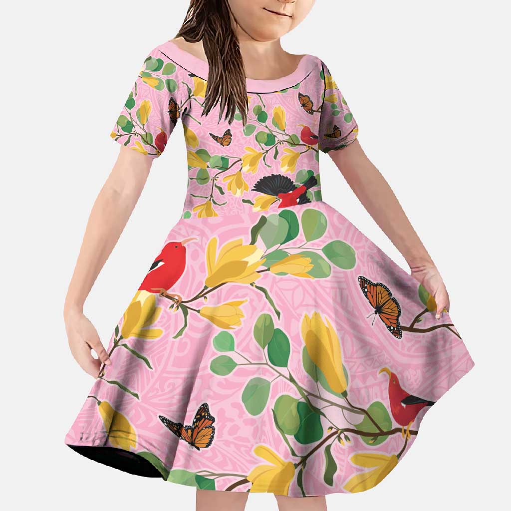 Aloha Hawaii Family Matching Mermaid Dress and Hawaiian Shirt I'iwi on Mamane Pastel Pink LT7 Daughter's Dress Pink - Polynesian Pride
