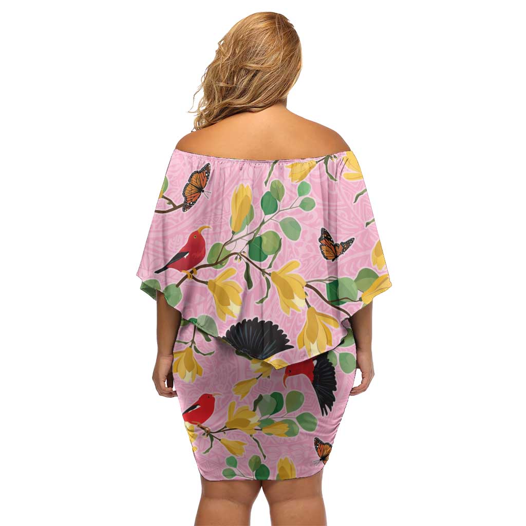 Aloha Hawaii Family Matching Off Shoulder Short Dress and Hawaiian Shirt I'iwi on Mamane Pastel Pink LT7 - Polynesian Pride