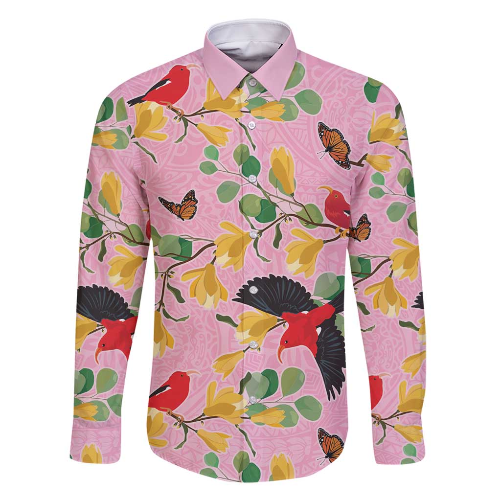 Aloha Hawaii Family Matching Tank Maxi Dress and Hawaiian Shirt I'iwi on Mamane Pastel Pink LT7 Dad's Shirt - Long Sleeve Pink - Polynesian Pride