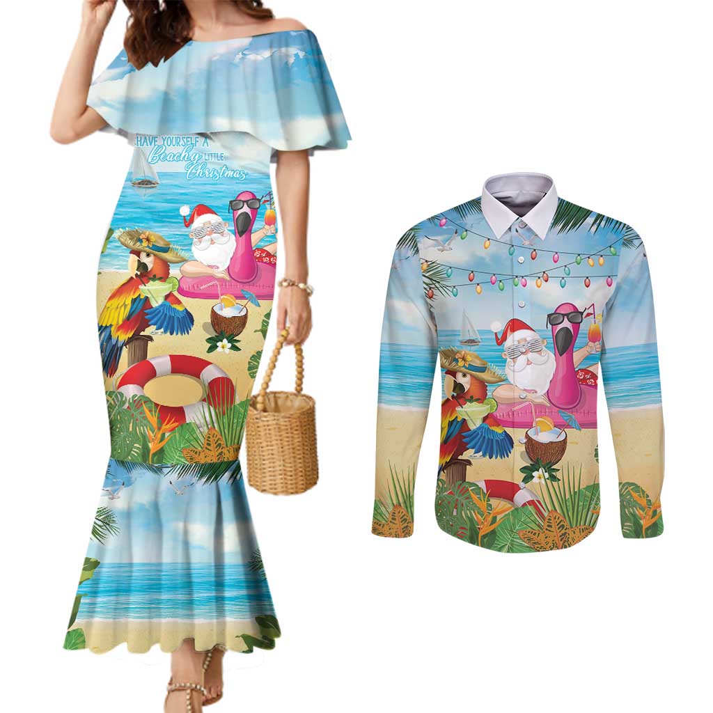 Have Yourself A Beachy Little Christmas Couples Matching Mermaid Dress and Long Sleeve Button Shirt with Santa Chilling - Polynesian Pride