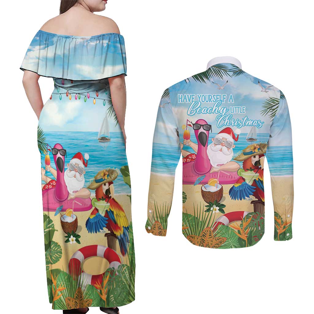 Have Yourself A Beachy Little Christmas Couples Matching Off Shoulder Maxi Dress and Long Sleeve Button Shirt with Santa Chilling - Polynesian Pride