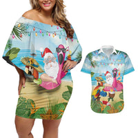 Have Yourself A Beachy Little Christmas Couples Matching Off Shoulder Short Dress and Hawaiian Shirt with Santa Chilling - Polynesian Pride