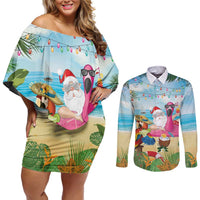 Have Yourself A Beachy Little Christmas Couples Matching Off Shoulder Short Dress and Long Sleeve Button Shirt with Santa Chilling - Polynesian Pride