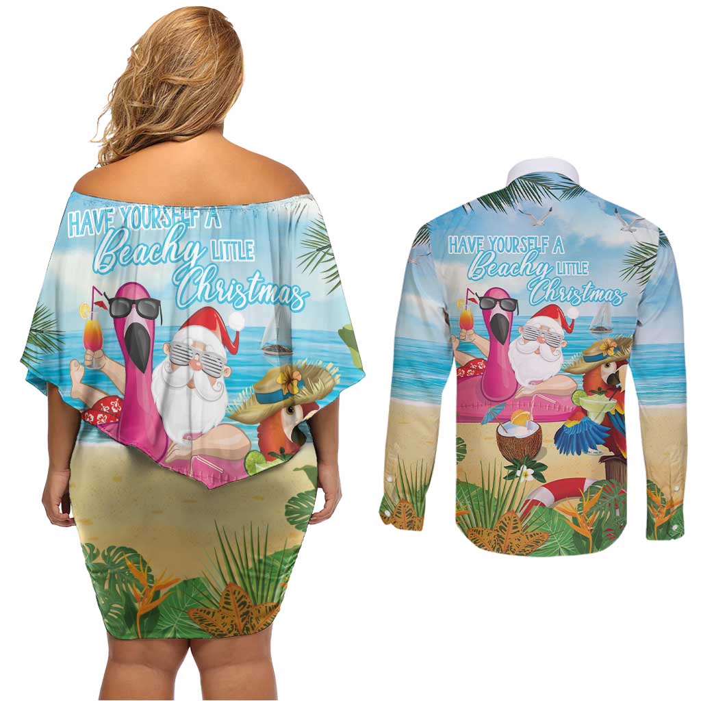Have Yourself A Beachy Little Christmas Couples Matching Off Shoulder Short Dress and Long Sleeve Button Shirt with Santa Chilling - Polynesian Pride