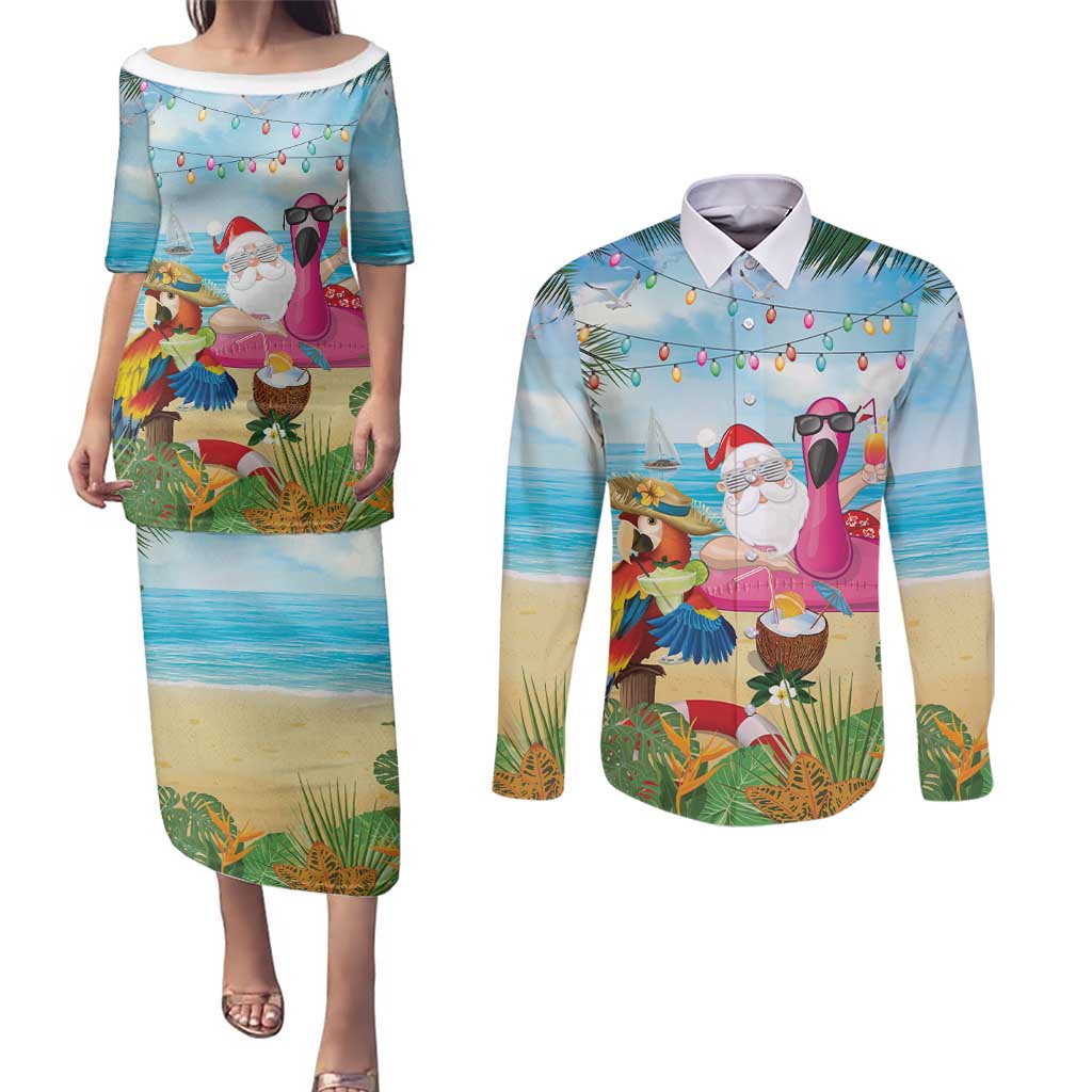 Have Yourself A Beachy Little Christmas Couples Matching Puletasi and Long Sleeve Button Shirt with Santa Chilling - Polynesian Pride