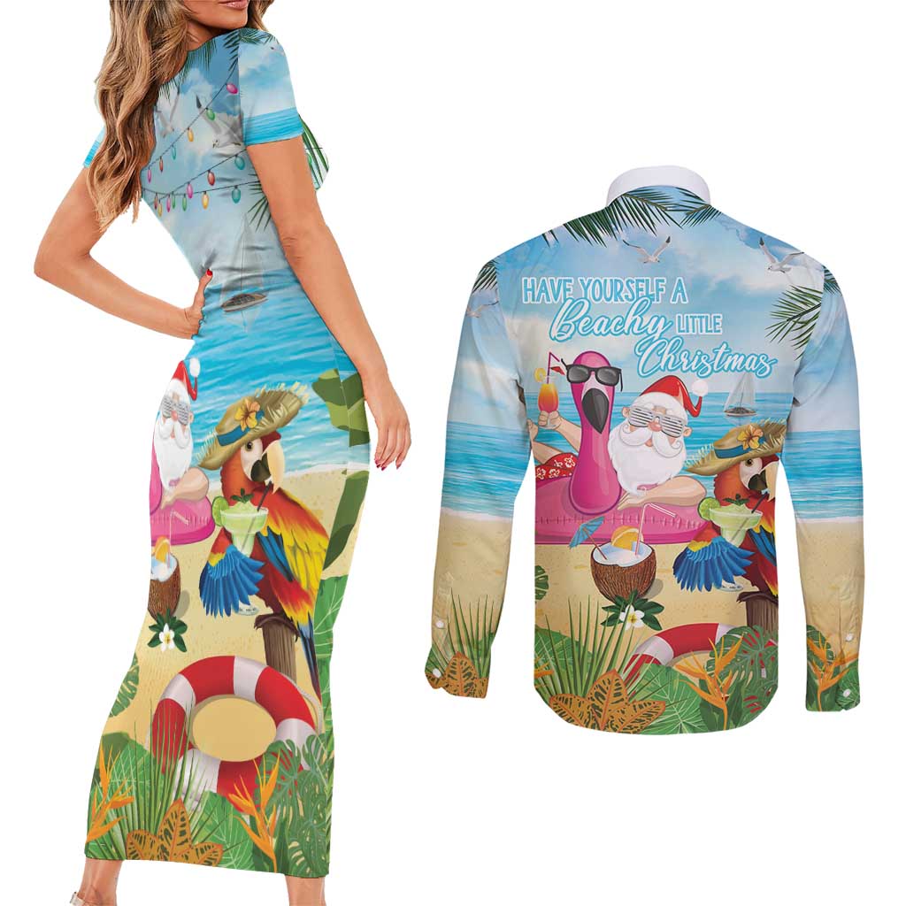 Have Yourself A Beachy Little Christmas Couples Matching Short Sleeve Bodycon Dress and Long Sleeve Button Shirt with Santa Chilling - Polynesian Pride