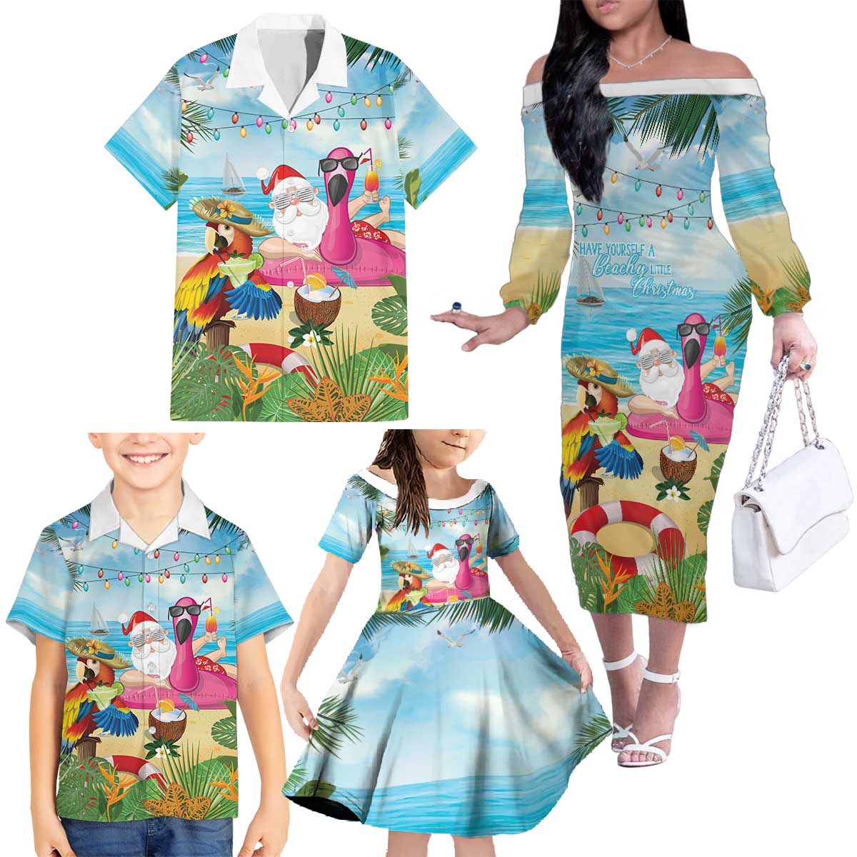 Have Yourself A Beachy Little Christmas Family Matching Off The Shoulder Long Sleeve Dress and Hawaiian Shirt with Santa Chilling - Polynesian Pride
