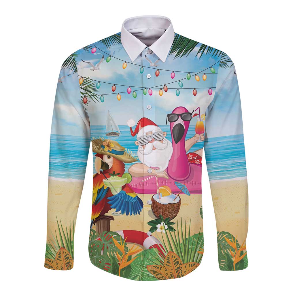 Have Yourself A Beachy Little Christmas Long Sleeve Button Shirt with Santa Chilling - Polynesian Pride