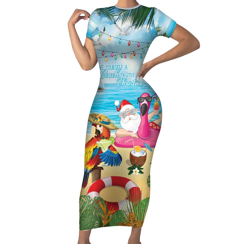 Have Yourself A Beachy Little Christmas Short Sleeve Bodycon Dress with Santa Chilling - Polynesian Pride