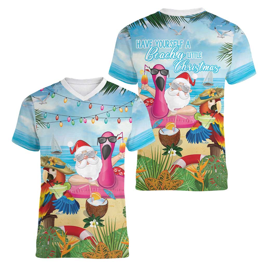Have Yourself A Beachy Little Christmas Women V-Neck T-Shirt with Santa Chilling - Polynesian Pride