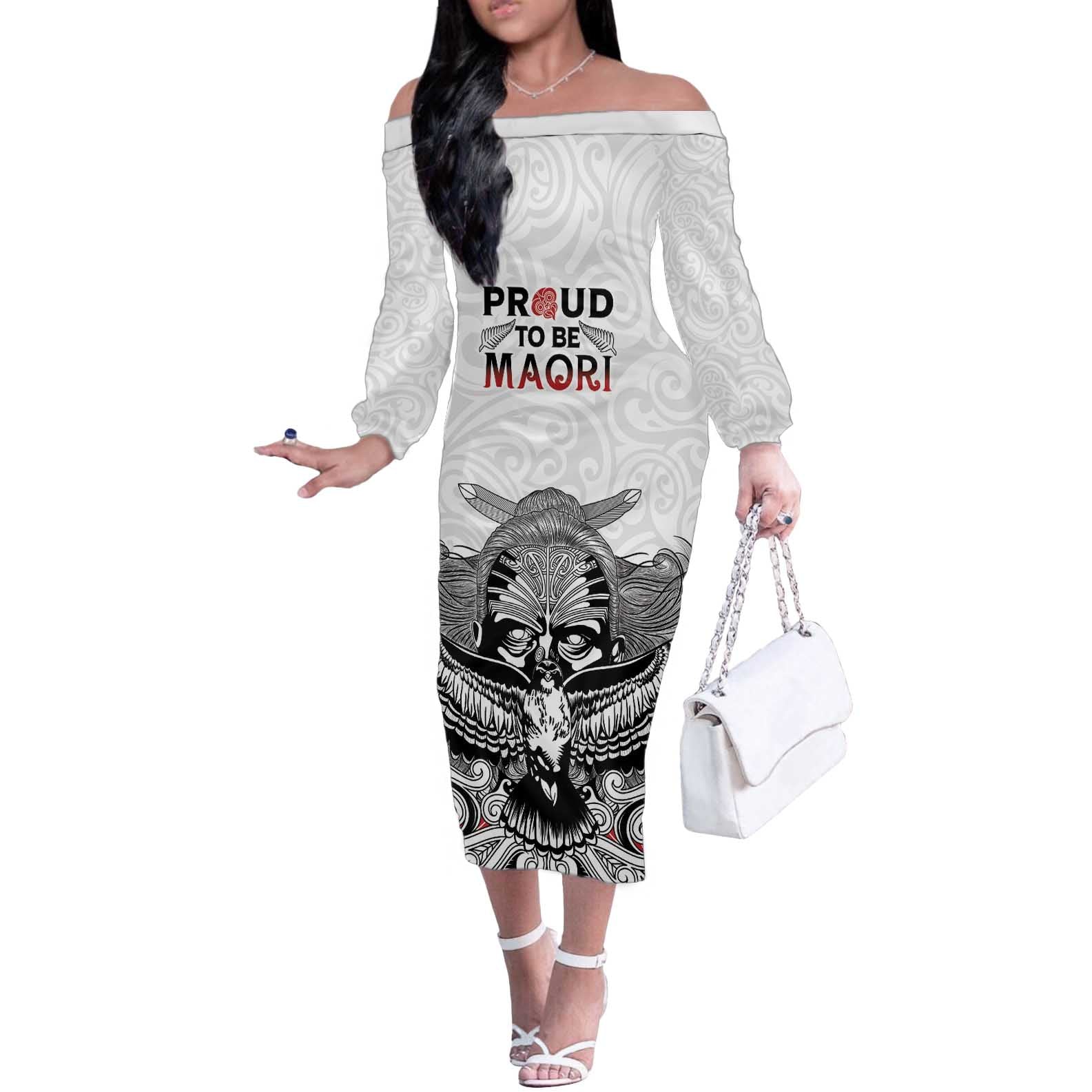 Aotearoa Personalized Off The Shoulder Long Sleeve Dress Proud To Be Maori LT7 Women White - Polynesian Pride