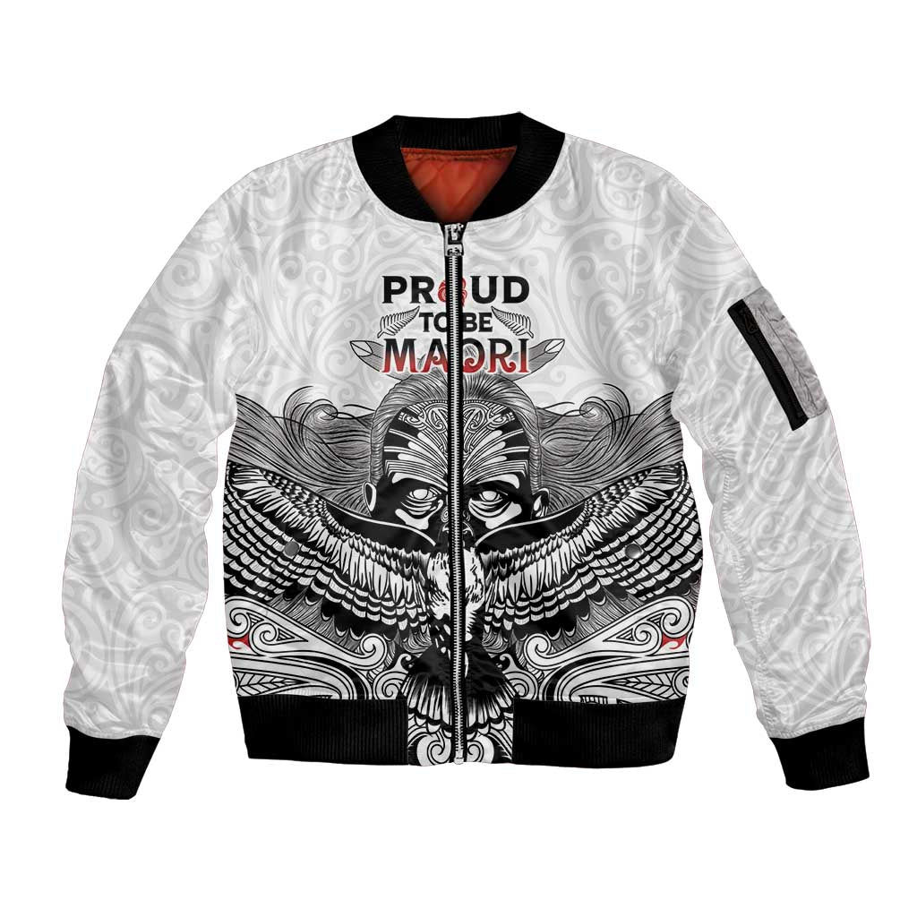 Aotearoa Personalized Sleeve Zip Bomber Jacket Proud To Be Maori LT7 Unisex White - Polynesian Pride