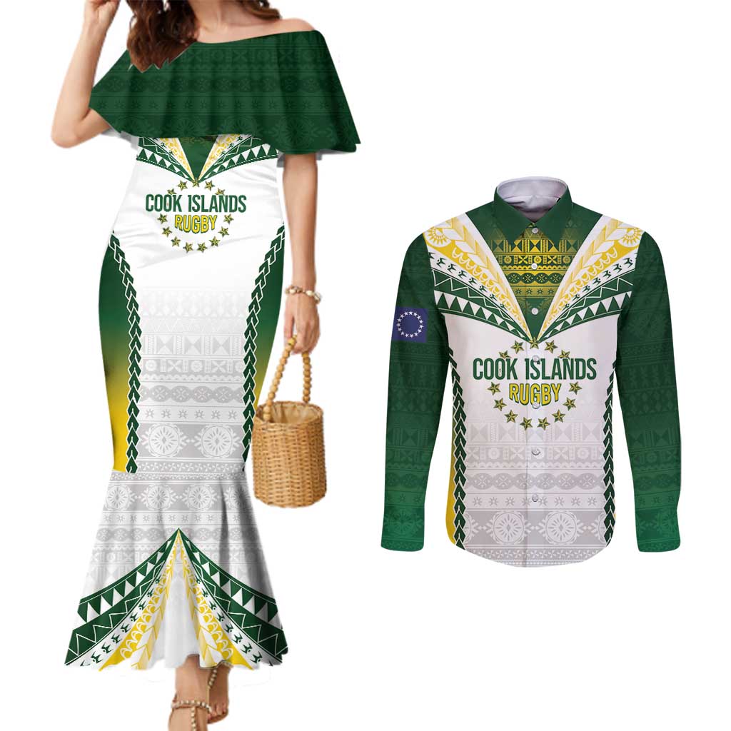 Cook Islands Rugby Custom Couples Matching Mermaid Dress and Long Sleeve Button Shirt Kuki's Aitu Champions - Polynesian Pride
