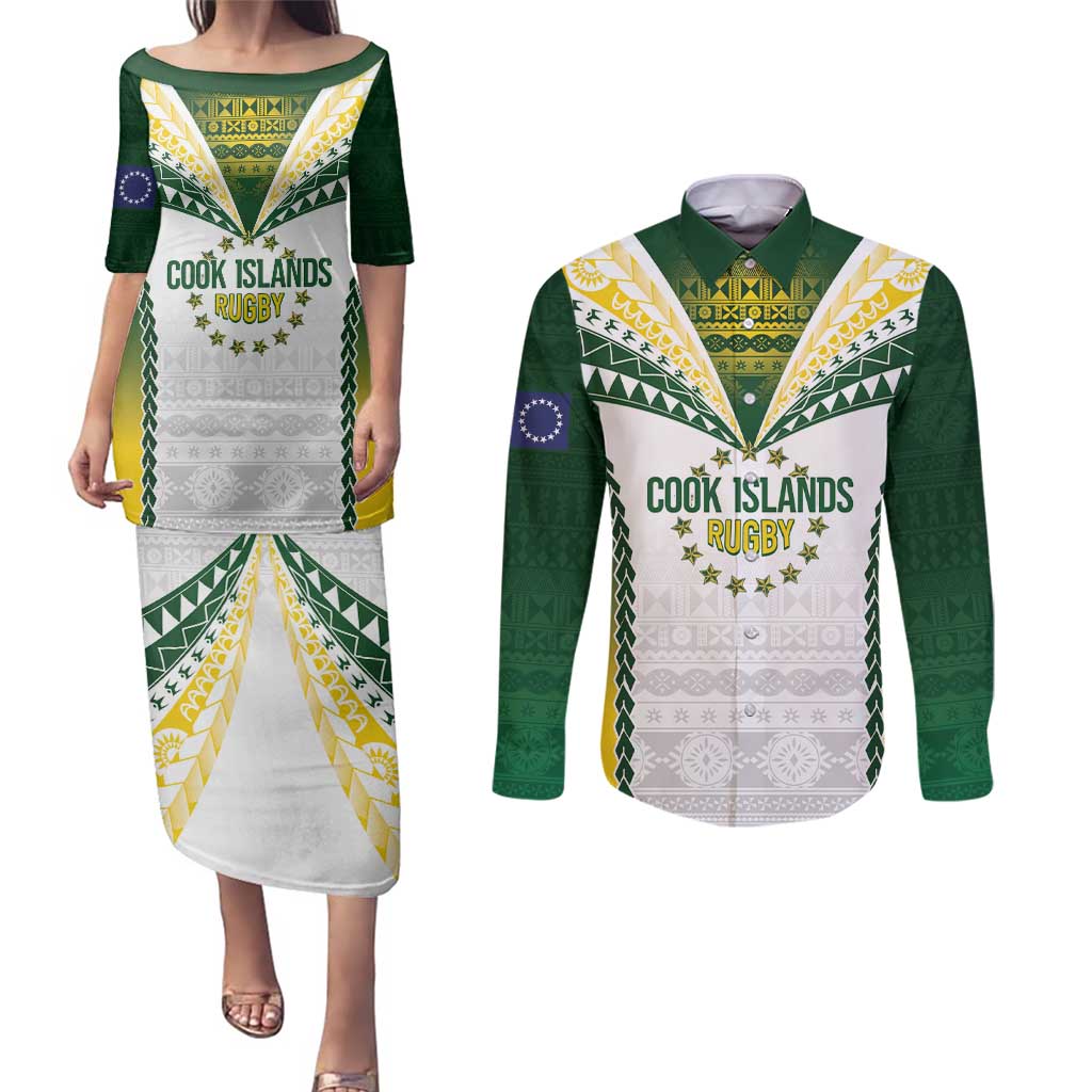 Cook Islands Rugby Custom Couples Matching Puletasi and Long Sleeve Button Shirt Kuki's Aitu Champions - Polynesian Pride