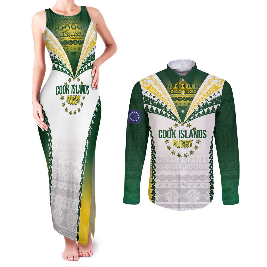 Cook Islands Rugby Custom Couples Matching Tank Maxi Dress and Long Sleeve Button Shirt Kuki's Aitu Champions - Polynesian Pride