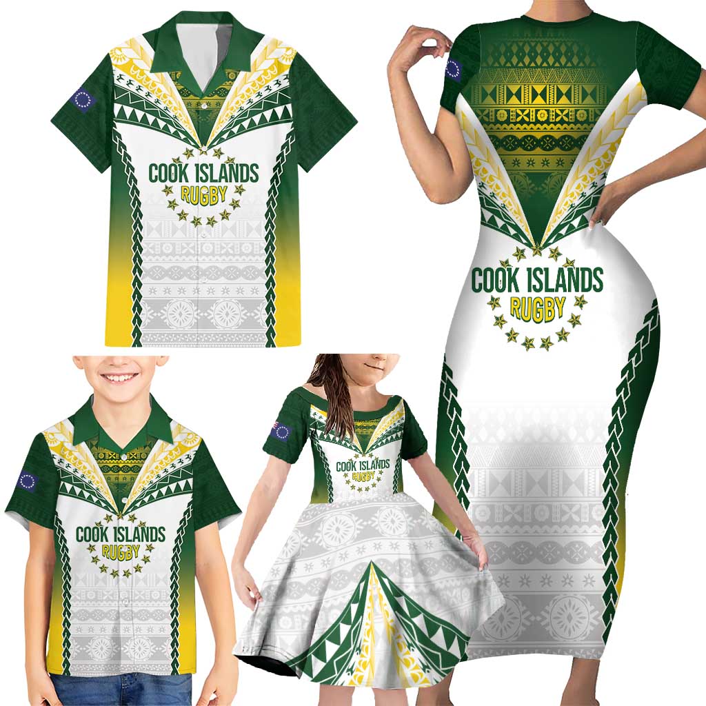 Cook Islands Rugby Custom Family Matching Short Sleeve Bodycon Dress and Hawaiian Shirt Kuki's Aitu Champions - Polynesian Pride