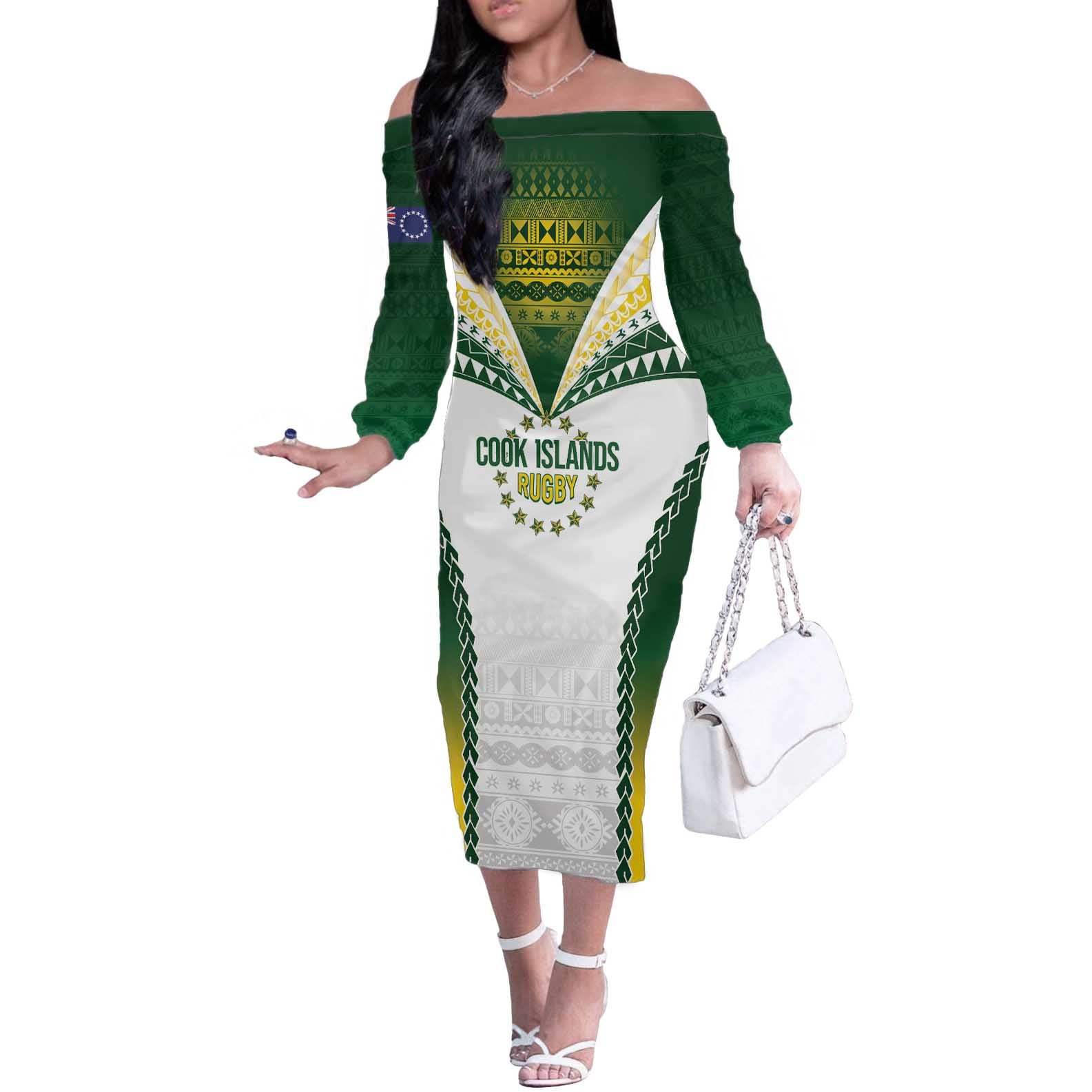 Cook Islands Rugby Custom Off The Shoulder Long Sleeve Dress Kuki's Aitu Champions - Polynesian Pride