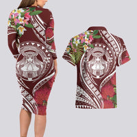 Aloha Hawaii Big Island Couples Matching Long Sleeve Bodycon Dress and Hawaiian Shirt Ohia Lehua Wahine