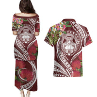 Aloha Hawaii Big Island Couples Matching Puletasi and Hawaiian Shirt Ohia Lehua Wahine