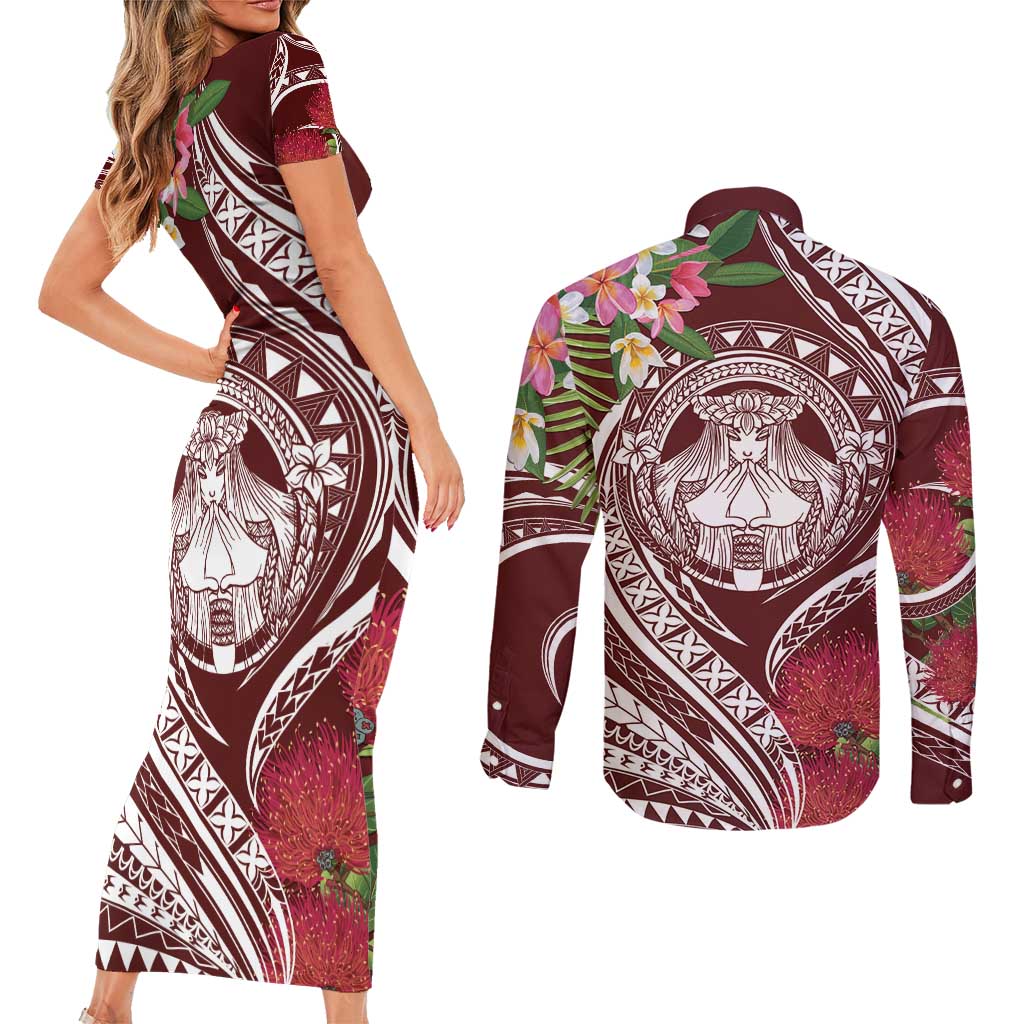 Aloha Hawaii Big Island Couples Matching Short Sleeve Bodycon Dress and Long Sleeve Button Shirt Ohia Lehua Wahine