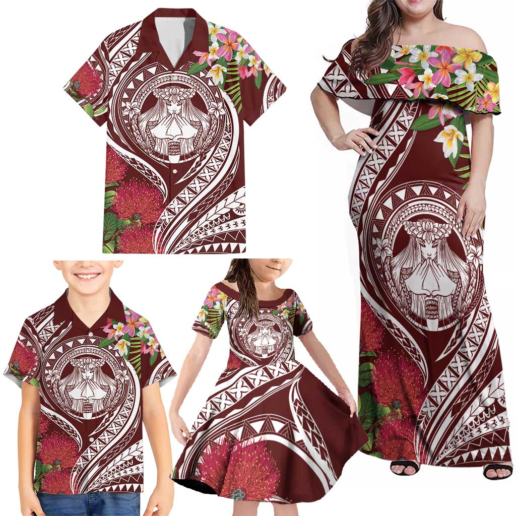 Aloha Hawaii Big Island Family Matching Off Shoulder Maxi Dress and Hawaiian Shirt Ohia Lehua Wahine