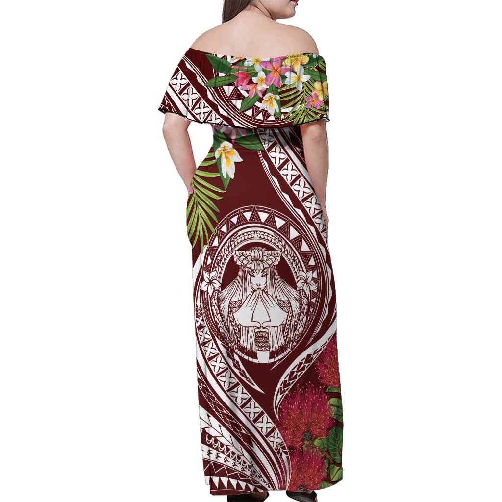 Aloha Hawaii Big Island Family Matching Off Shoulder Maxi Dress and Hawaiian Shirt Ohia Lehua Wahine