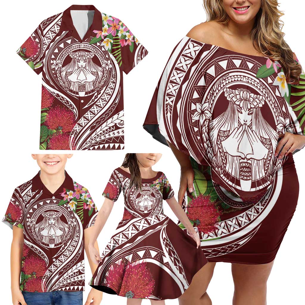 Aloha Hawaii Big Island Family Matching Off Shoulder Short Dress and Hawaiian Shirt Ohia Lehua Wahine